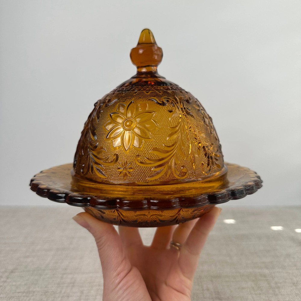 Vintage Tiara Indiana Glass Amber Daisy Sandwich Butter Cheese Dish Lid